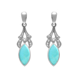 Sterling Silver Turquoise Marquise Drop Earrings. E075.
