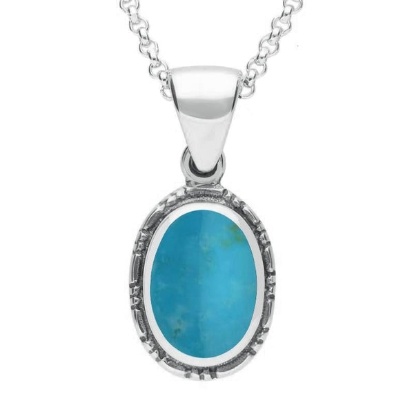 Sterling Silver Turquoise Oval Rope Edge Drop Necklace P164