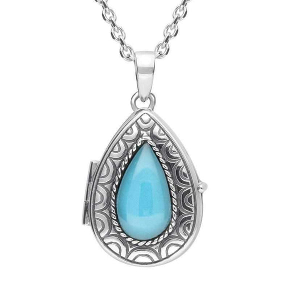 Sterling Silver Turquoise Pear Patterned Locket Necklace P2098