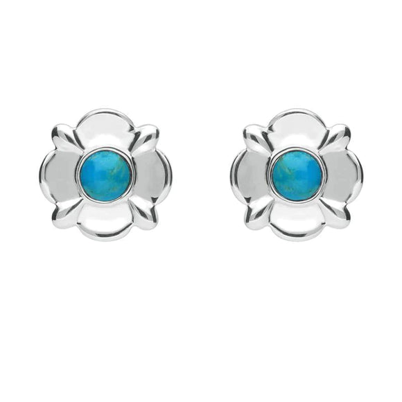Sterling Silver Turquoise Round Four Petal Flower Stud Earrings E1624