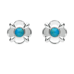 Sterling Silver Turquoise Round Four Petal Flower Stud Earrings E1624