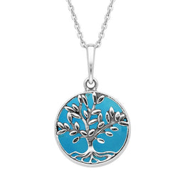 Sterling Silver Turquoise Small Round Large Leaves Tree of Life Necklace P3340