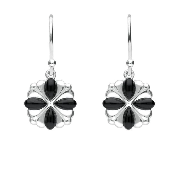 Sterling Silver Whitby Jet 4 stone Cross Drop Earrings. E1957