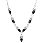 Sterling Silver Whitby Jet Seven Stone Marquise Necklace. N159.