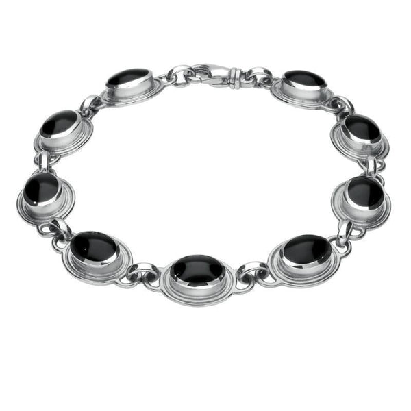 Sterling Silver Whitby Jet 9 Stone Oval Bracelet. B227