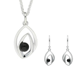 Sterling Silver Whitby Jet Abstract Flame Two Piece Set