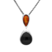 Sterling Silver Whitby Jet Amber Double Pear Drop Necklace P2918
