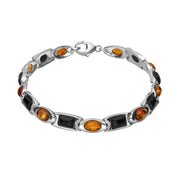 Sterling Silver Whitby Jet and Amber Oval Rectangle Bracelet. B1006.