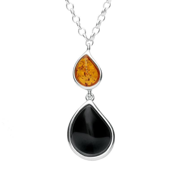 Sterling Silver Whitby Jet Amber Two Stone Pear Drop Necklace, N984.