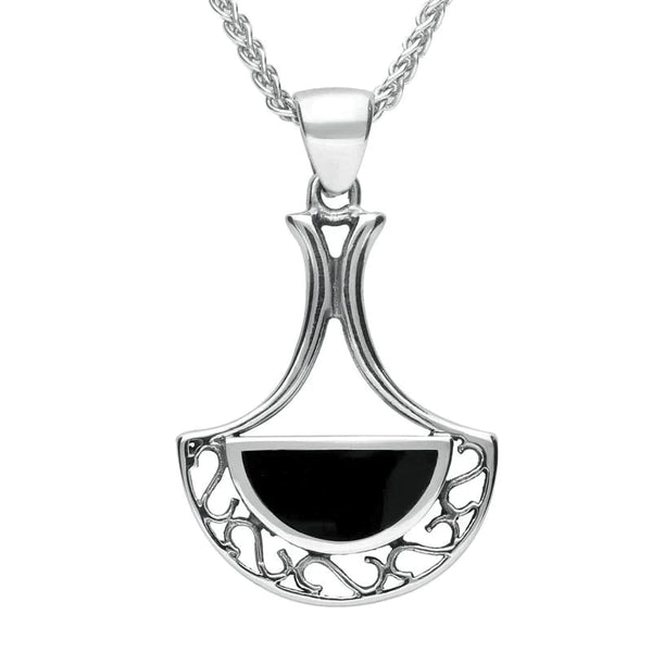 Sterling Silver Whitby Jet Art Deco Fan Necklace. P459.