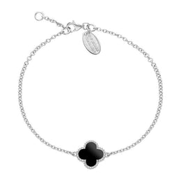 Sterling Silver Whitby Jet Bloom Four Leaf Clover Ball Edge Chain Bracelet, B1154