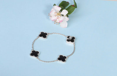 Sterling Silver Whitby Jet Bloom Four Stone Four Leaf Clover Chain Bracelet, B1152