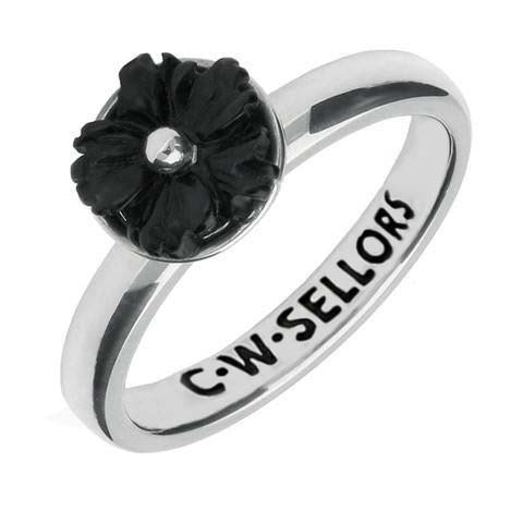 Sterling Silver Whitby Jet Tuberose Carved Flower Ring. R630.