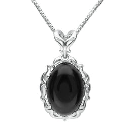 Sterling Silver Whitby Jet Carved Oval Necklace, P2742