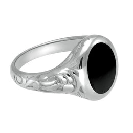 Sterling Silver Whitby Jet Carved Shoulder Oval Signet Ring. R099