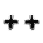 Sterling Silver Whitby Jet Cross Shaped Stud Earrings. E1947. 