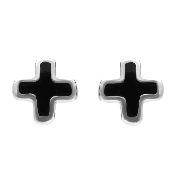 Sterling Silver Whitby Jet Cross Shaped Stud Earrings. E1947. 