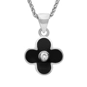 Sterling Silver Whitby Jet Cubic Zirconia Four Leaf Clover Necklace. P1346.