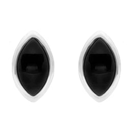Sterling Silver Whitby Jet Curved Marquise Stud Earrings. e1657.