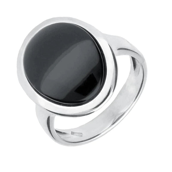 Sterling Silver Whitby Jet Curved Oval Ring. R914