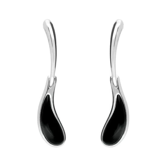 Sterling Silver Whitby Jet Curved Tear Drop Earrings. E1809.