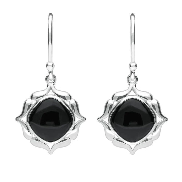 Sterling Silver Whitby Jet Cushion Fancy Edged Drop Earrings E2315