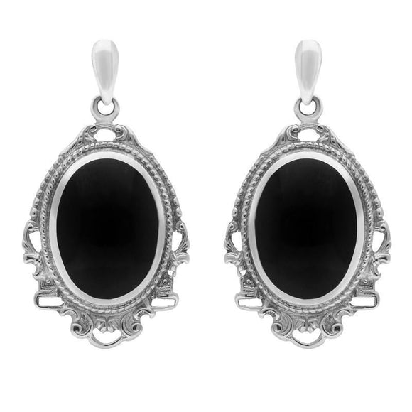 Sterling Silver Whitby Jet Edwardian Style Oval Drop Earrings E076
