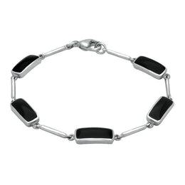 Sterling Silver Whitby Jet Five Stone Oblong Bar Bracelet B636
