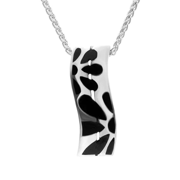 Sterling Silver Whitby Jet Flower Pattern Wavy Oblong Necklace P1250