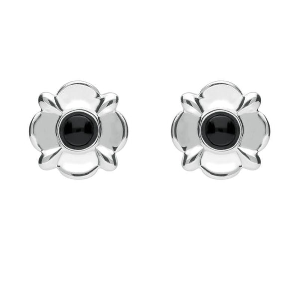 Sterling Silver Whitby Jet Four Petal Flower Stud Earrings E1624