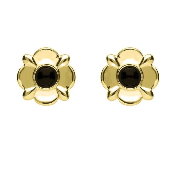 9ct Yellow Gold Whitby Jet Four Petal Flower Stud Earrings. E1624.