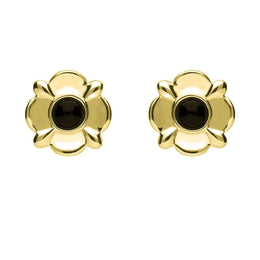 9ct Yellow Gold Whitby Jet Four Petal Flower Stud Earrings. E1624.