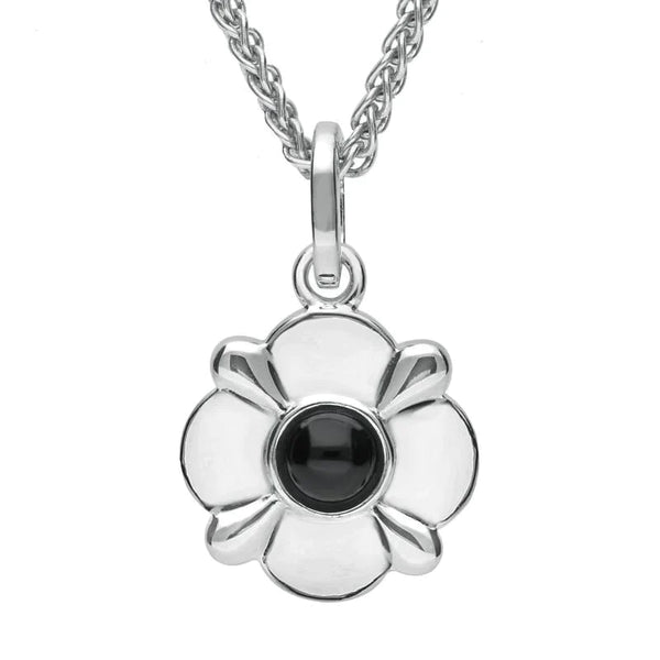 Sterling Silver Whitby Jet Four Petal Yorkshire Rose Necklace. P2095