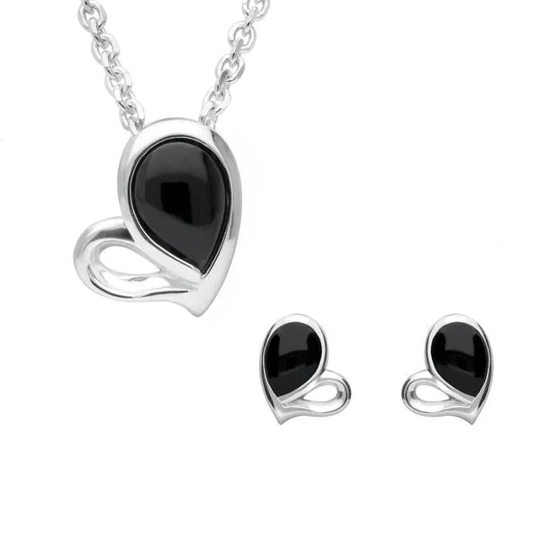 Sterling Silver Whitby Jet Half Filled Heart Two Piece Set