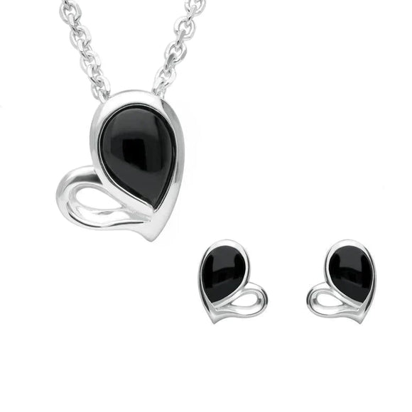 Sterling Silver Whitby Jet Half Filled Heart Two Piece Set