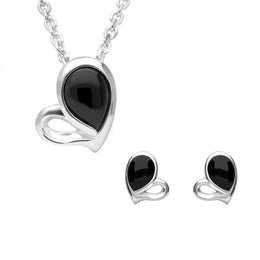 Sterling Silver Whitby Jet Half Filled Heart Two Piece Set