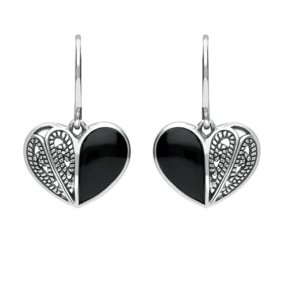 Sterling Silver Whitby Jet Half Stone Heart Hook Earrings E1940