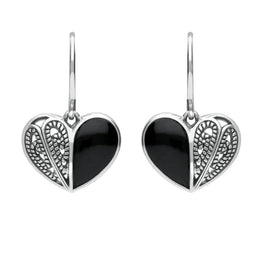 Sterling Silver Whitby Jet Half Stone Heart Hook Earrings E1940