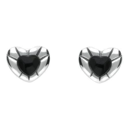 Sterling Silver Whitby Jet Heart Stud Earrings, E1904.