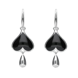 Sterling Silver Whitby Jet Heart Teardrop Hook Earrings. E2018.