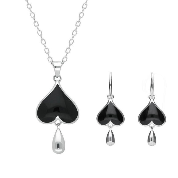 Sterling Silver Whitby Jet Inverted Heart Two Piece Set. S020