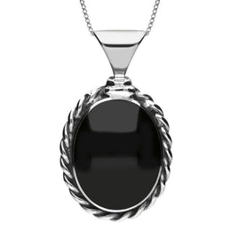 Sterling Silver Whitby Jet Large Oval Rope Edge Necklace, P131.