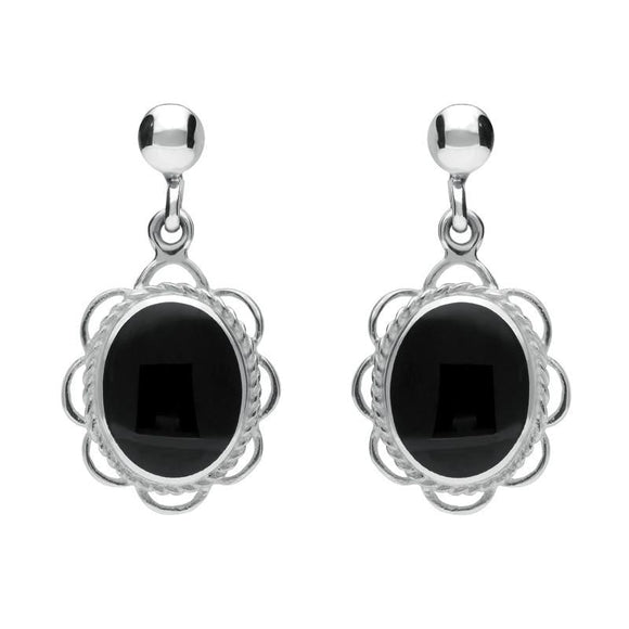 Sterling Silver Whitby Jet Large Oval Rope Frill Drop Earrings E080