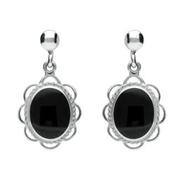 Sterling Silver Whitby Jet Large Oval Rope Frill Drop Earrings E080