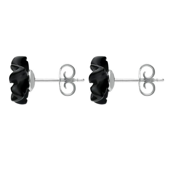 Sterling Silver Whitby Jet Large Petal Stud Earrings. E1322.