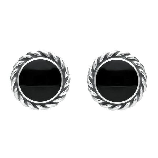 Sterling Silver Whitby Jet Large Rope Edge Round Stud Earrings E115