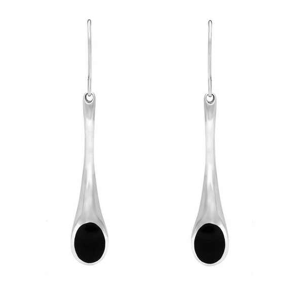 Sterling Silver Whitby Jet Long Tapered Drop Hook Earrings. E840.