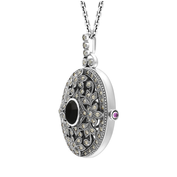 Sterling Silver Whitby Jet Marcasite Large Oval Flower Edge Locket Necklace, P2221