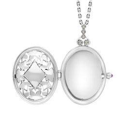 Sterling Silver Whitby Jet Marcasite Large Oval Flower Edge Locket Necklace, P2221