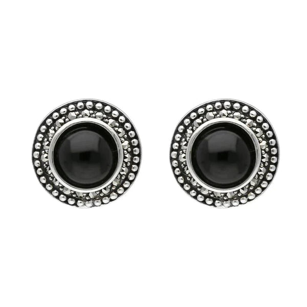 Sterling Silver Whitby Jet Marcasite Large Round Framed Stud Earrings E1698
